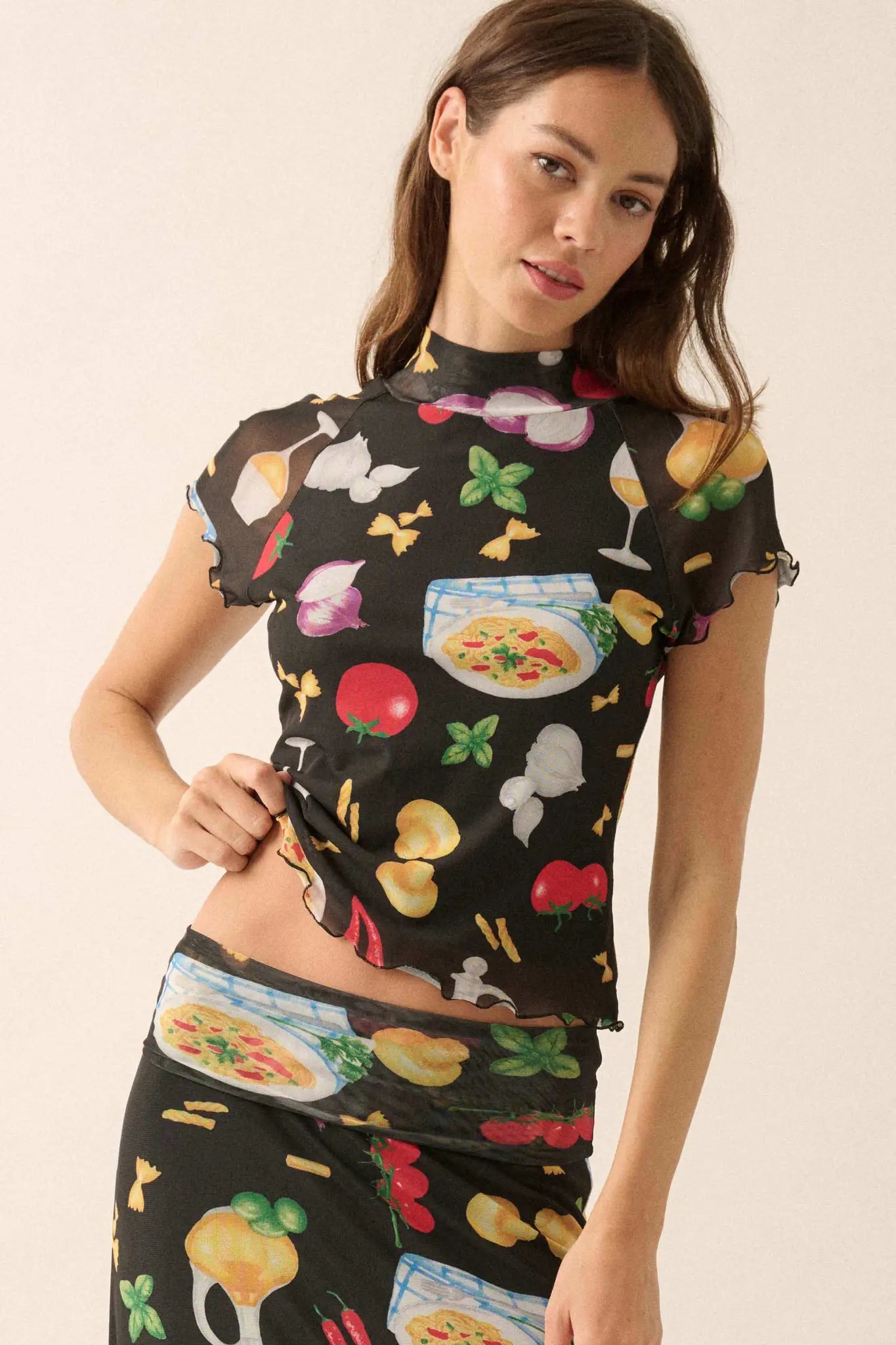 Buon Appetito Printed Mesh Mock-Neck Baby Tee - ShopPromesa