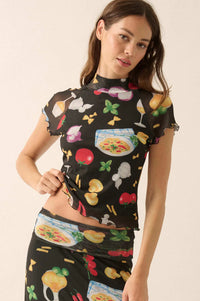 Buon Appetito Printed Mesh Mock-Neck Baby Tee - ShopPromesa