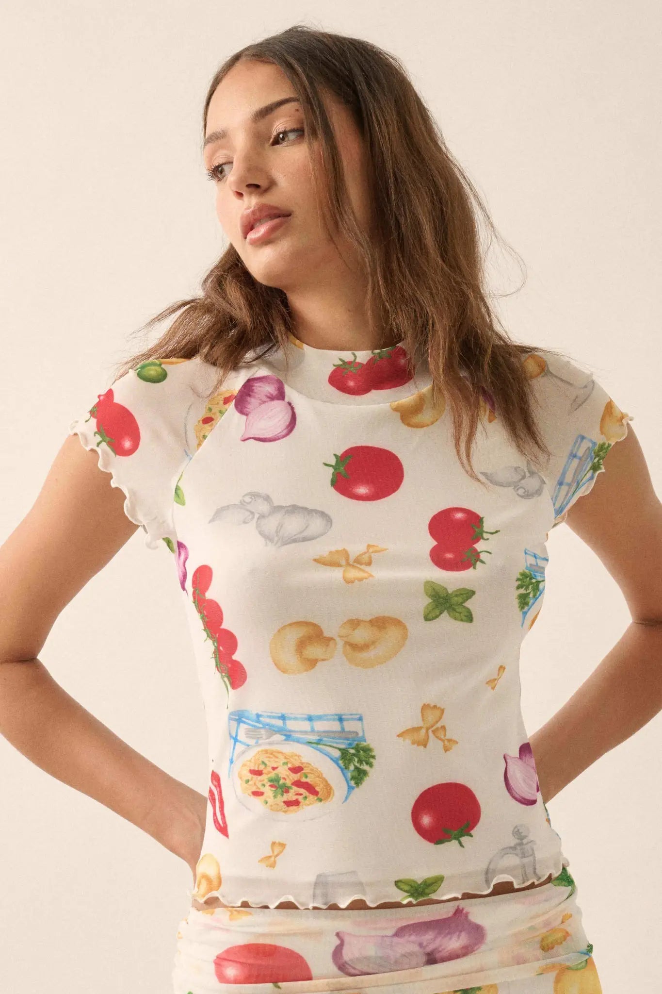 Buon Appetito Printed Mesh Mock-Neck Baby Tee - ShopPromesa