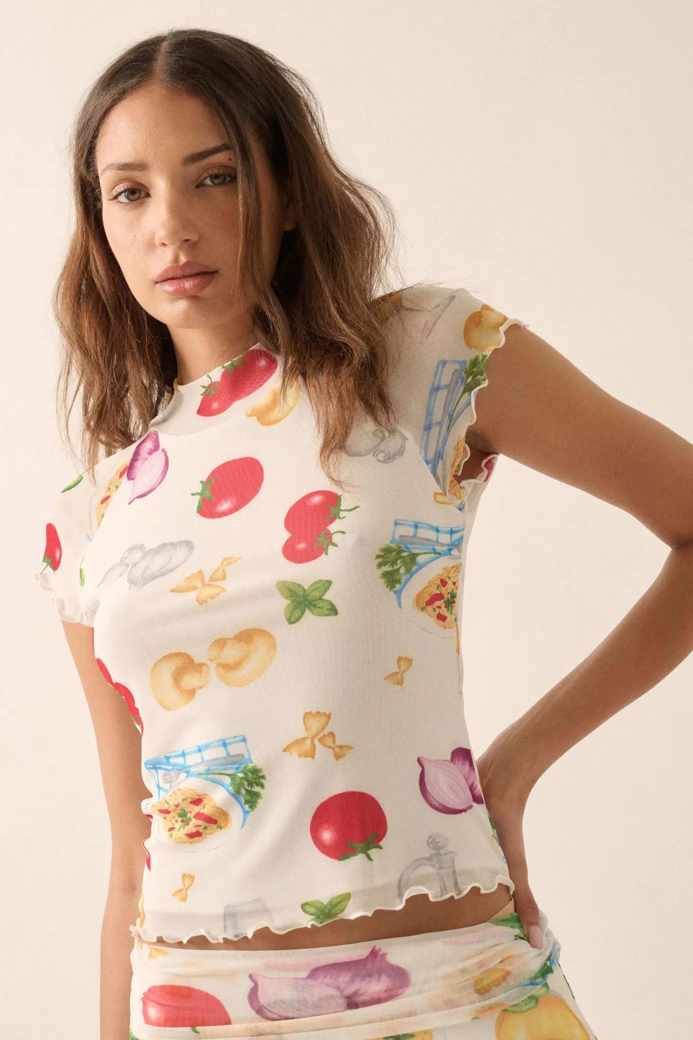 Buon Appetito Printed Mesh Mock-Neck Baby Tee - ShopPromesa