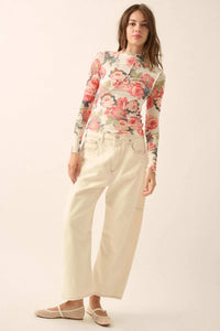 Blooming Heart Floral Mesh Exposed-Seam Top - ShopPromesa