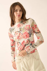 Blooming Heart Floral Mesh Exposed-Seam Top - ShopPromesa