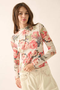 Blooming Heart Floral Mesh Exposed-Seam Top - ShopPromesa