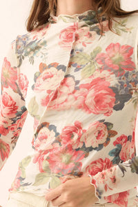 Blooming Heart Floral Mesh Exposed-Seam Top - ShopPromesa