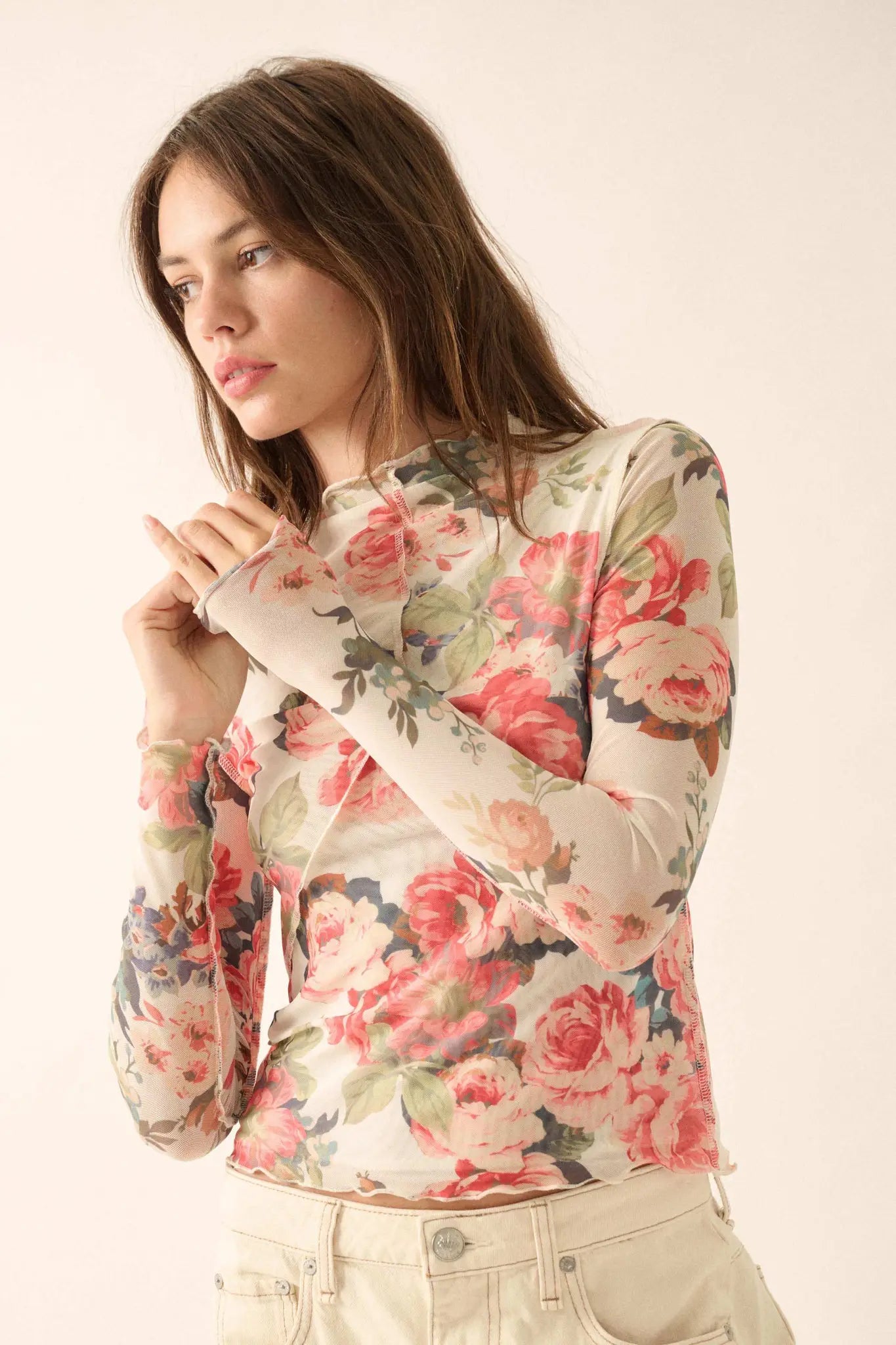 Blooming Heart Floral Mesh Exposed-Seam Top - ShopPromesa