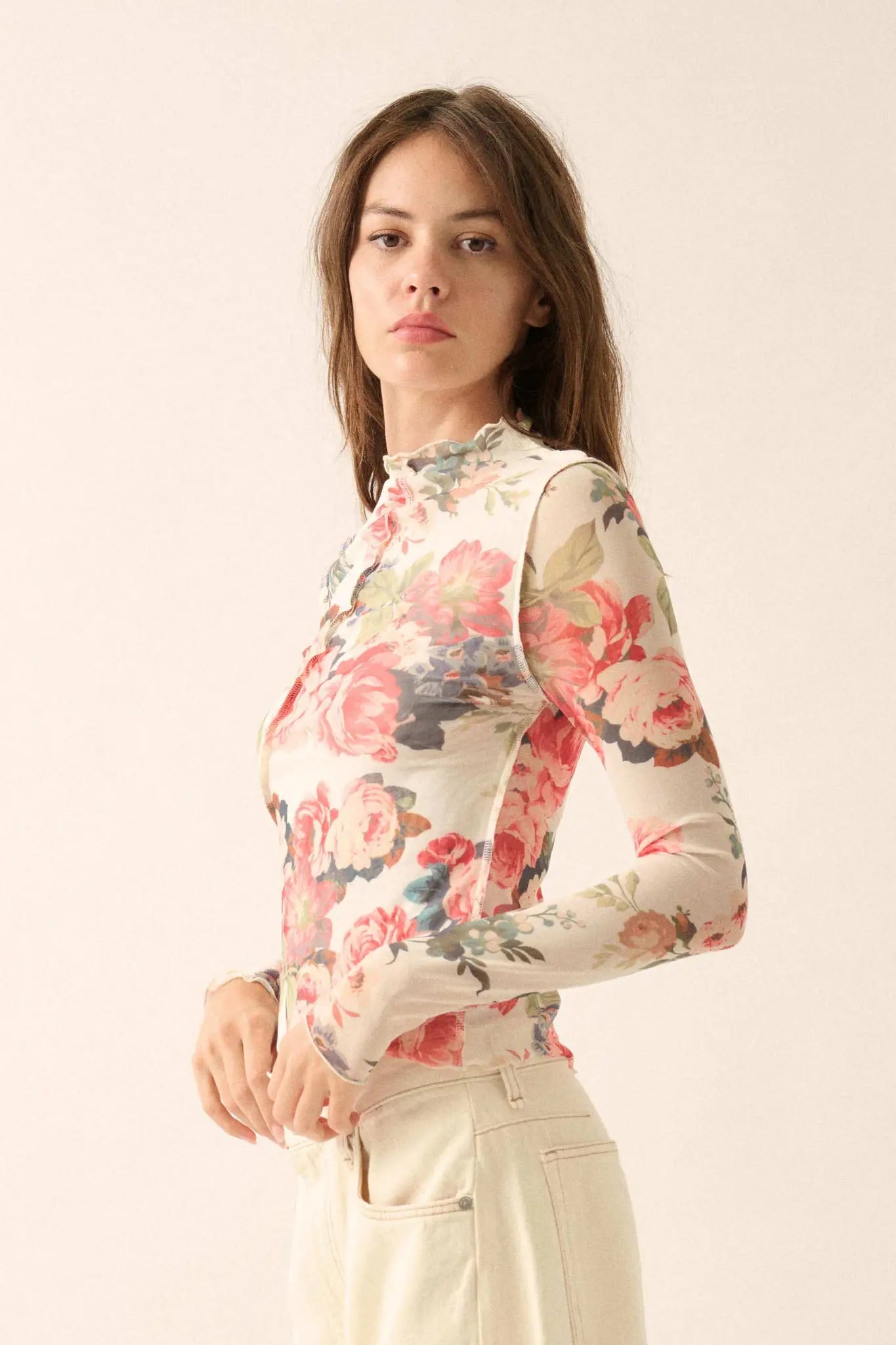 Blooming Heart Floral Mesh Exposed-Seam Top - ShopPromesa