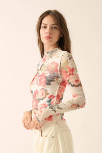 Blooming Heart Floral Mesh Exposed-Seam Top - ShopPromesa