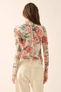 Blooming Heart Floral Mesh Exposed-Seam Top - ShopPromesa