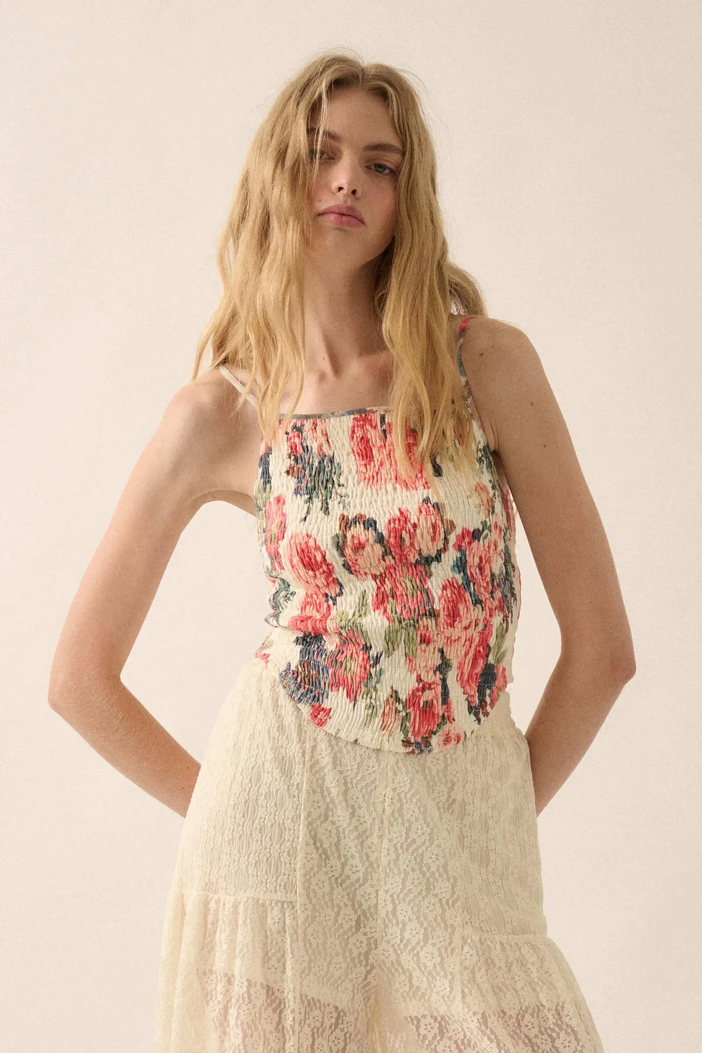 Exquisite Blooms Smocked Floral Mesh Cami Top - ShopPromesa