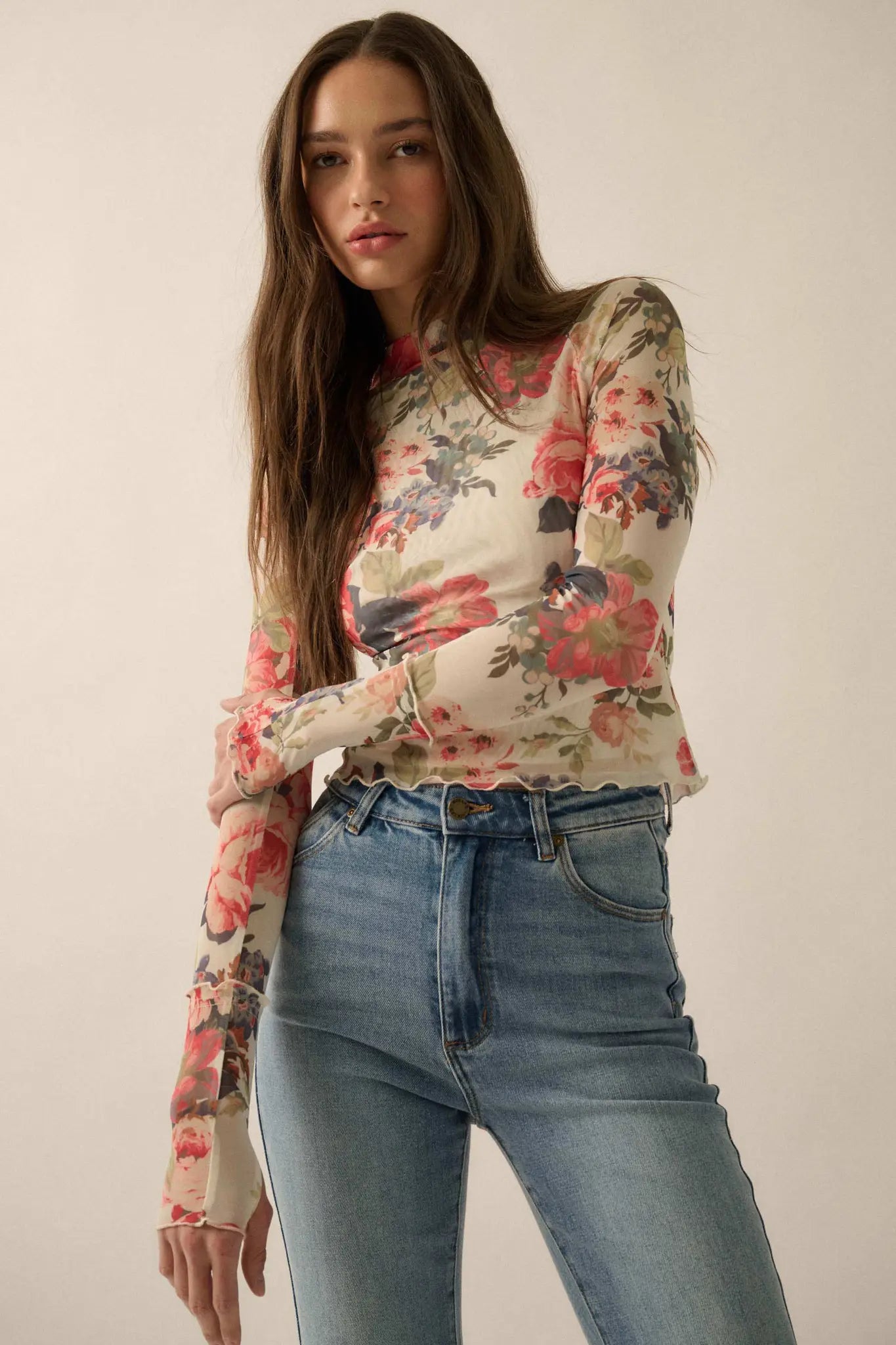 In Bloom Floral Mesh Mock-Neck Thumbhole Top - ShopPromesa