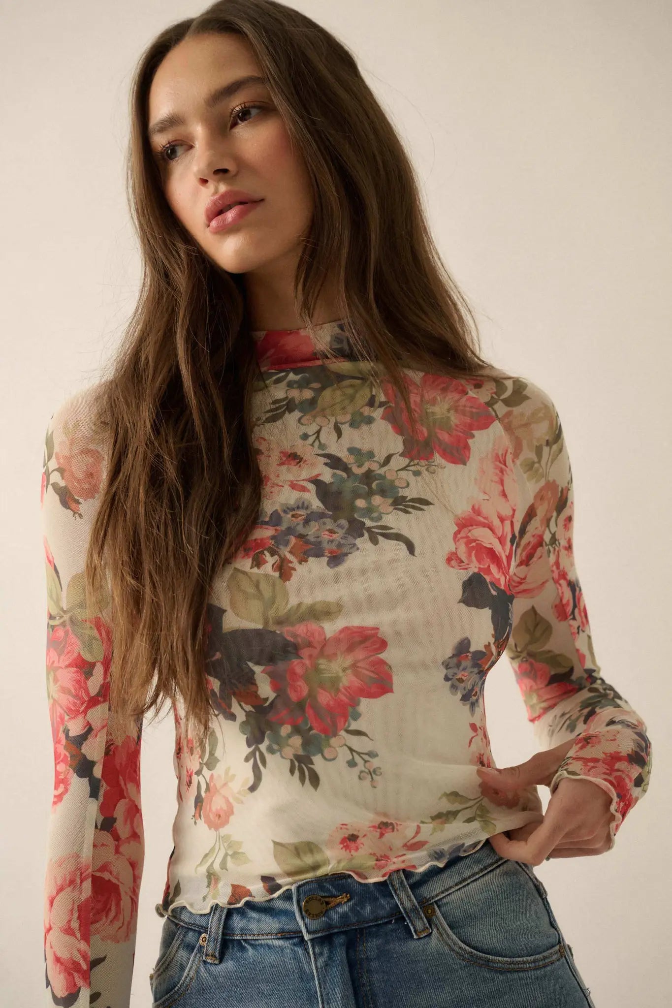 In Bloom Floral Mesh Mock-Neck Thumbhole Top - ShopPromesa