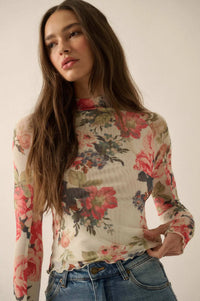 In Bloom Floral Mesh Mock-Neck Thumbhole Top - ShopPromesa