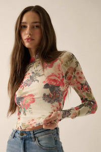 In Bloom Floral Mesh Mock-Neck Thumbhole Top - ShopPromesa