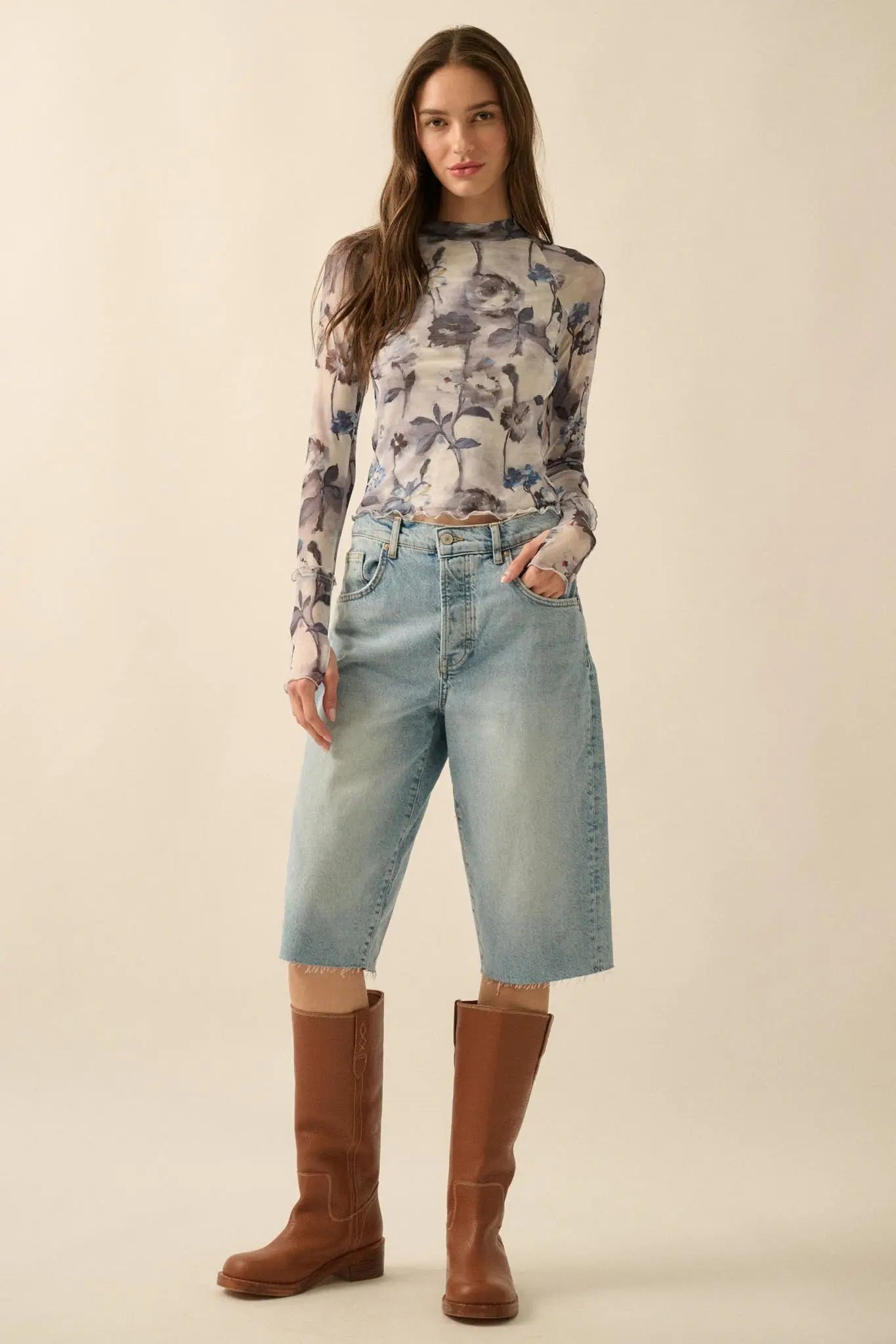 Painted Beauty Floral Mesh Mock-Neck Thumbhole Top - ShopPromesa