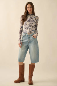 Painted Beauty Floral Mesh Mock-Neck Thumbhole Top - ShopPromesa