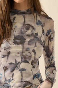 Painted Beauty Floral Mesh Mock-Neck Thumbhole Top - ShopPromesa