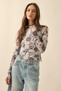 Painted Beauty Floral Mesh Mock-Neck Thumbhole Top - ShopPromesa