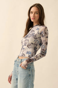 Painted Beauty Floral Mesh Mock-Neck Thumbhole Top - ShopPromesa