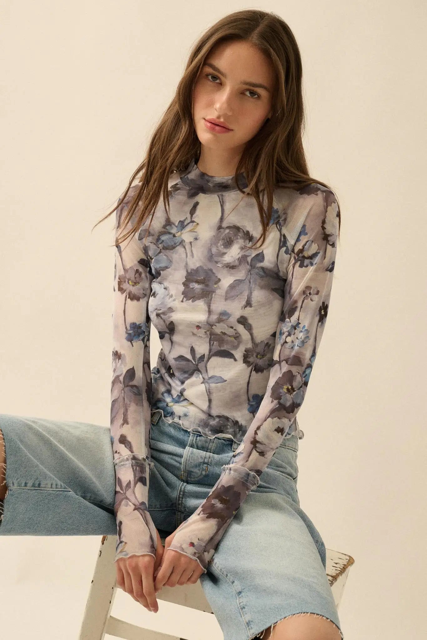Painted Beauty Floral Mesh Mock-Neck Thumbhole Top - ShopPromesa