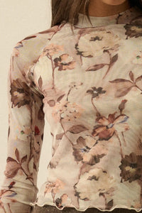 Painted Beauty Floral Mesh Mock-Neck Thumbhole Top - ShopPromesa