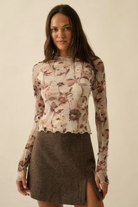 Painted Beauty Floral Mesh Mock-Neck Thumbhole Top - ShopPromesa