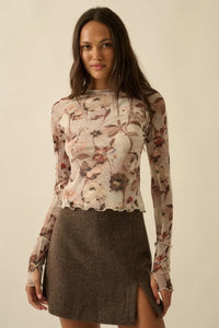 Painted Beauty Floral Mesh Mock-Neck Thumbhole Top - ShopPromesa