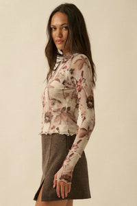Painted Beauty Floral Mesh Mock-Neck Thumbhole Top - ShopPromesa