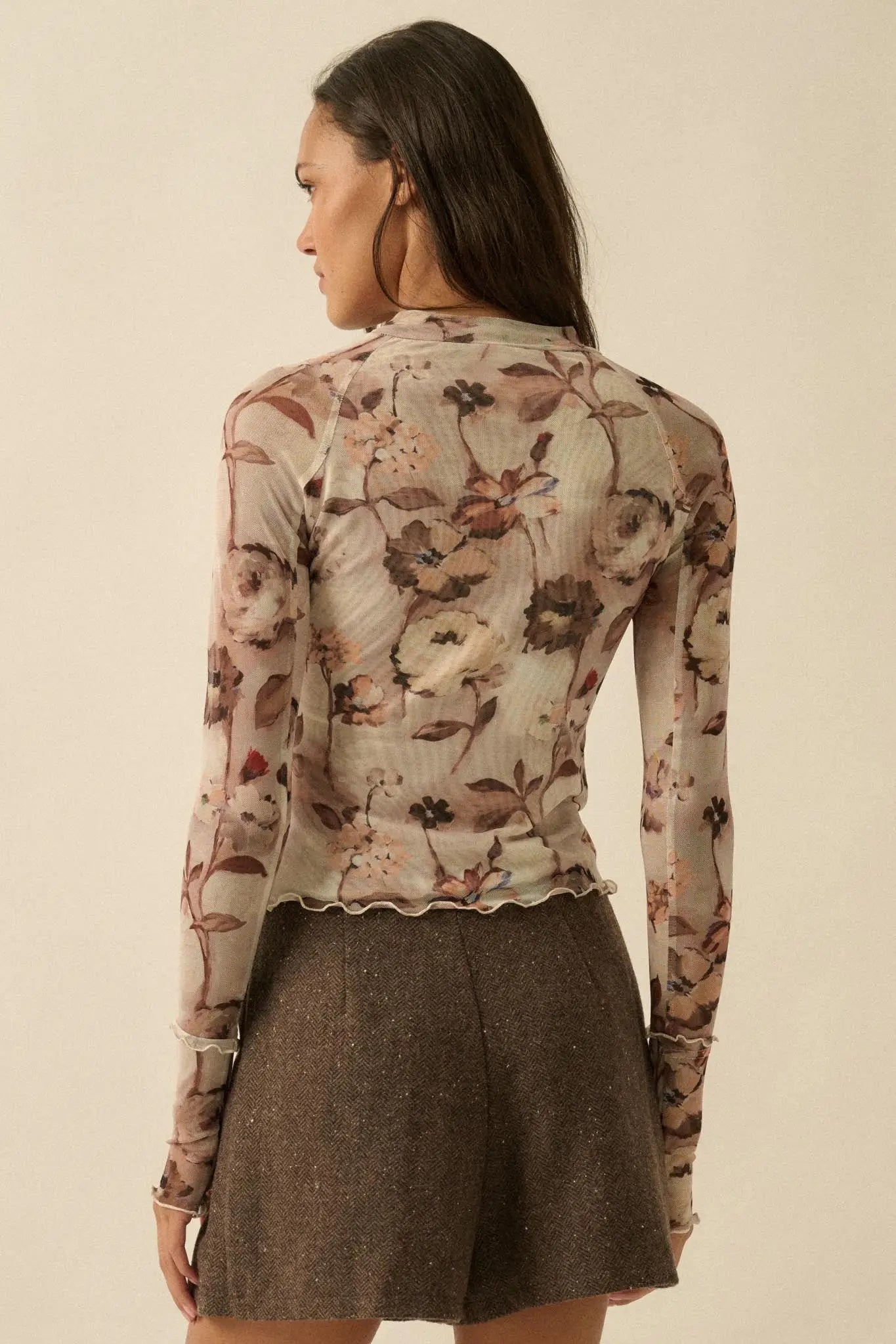 Painted Beauty Floral Mesh Mock-Neck Thumbhole Top - ShopPromesa