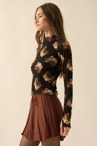 Sweet Scent Floral Honeycomb Mesh Thumbhole Top - ShopPromesa