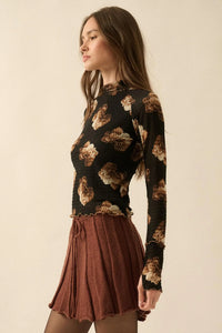 Sweet Scent Floral Honeycomb Mesh Thumbhole Top - ShopPromesa