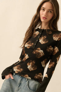 Sweet Harmony Floral Honeycomb Mesh Henley Top - ShopPromesa