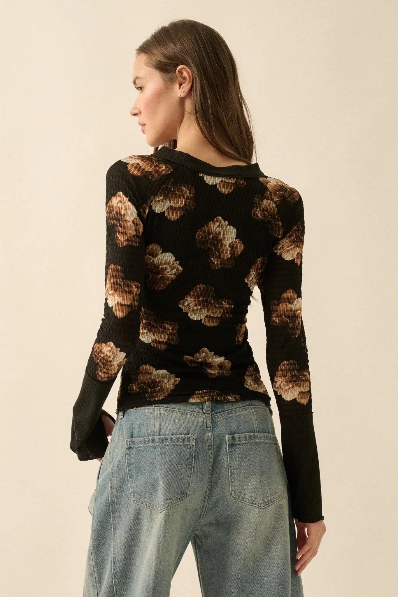 Sweet Harmony Floral Honeycomb Mesh Henley Top - ShopPromesa