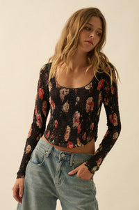 Heirloom Blooms Floral Mesh Smocked Corset Top - ShopPromesa