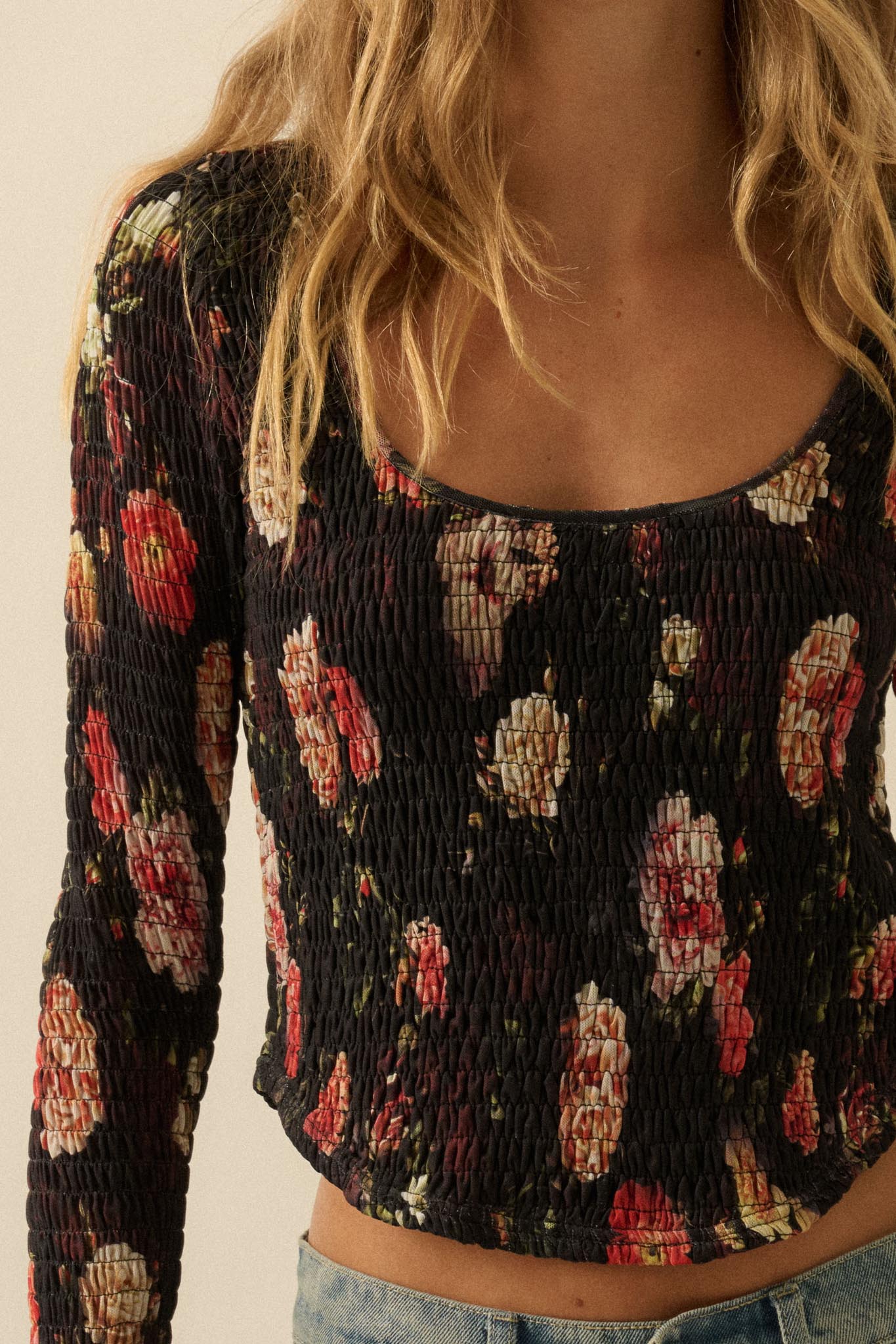 Heirloom Blooms Floral Mesh Smocked Corset Top - ShopPromesa