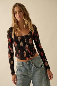 Heirloom Blooms Floral Mesh Smocked Corset Top - ShopPromesa