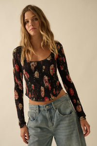 Heirloom Blooms Floral Mesh Smocked Corset Top - ShopPromesa