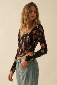 Heirloom Blooms Floral Mesh Smocked Corset Top - ShopPromesa