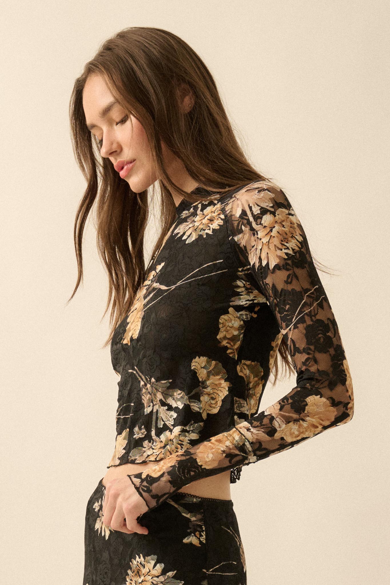 Timeless Blooms Printed Floral Lace Mock-Neck Top - ShopPromesa