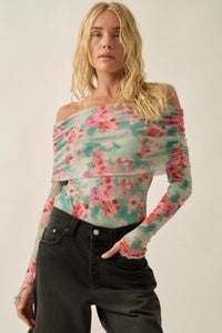 Soft Sunrise Floral Mesh Off-Shoulder Foldover Bodysuit - ShopPromesa