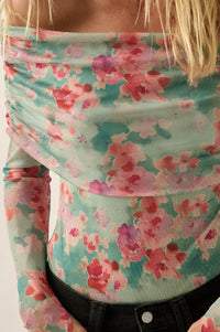 Soft Sunrise Floral Mesh Off-Shoulder Foldover Bodysuit - ShopPromesa