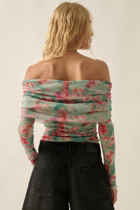 Soft Sunrise Floral Mesh Off-Shoulder Foldover Bodysuit - ShopPromesa