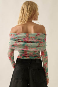 Soft Sunrise Floral Mesh Off-Shoulder Foldover Bodysuit - ShopPromesa