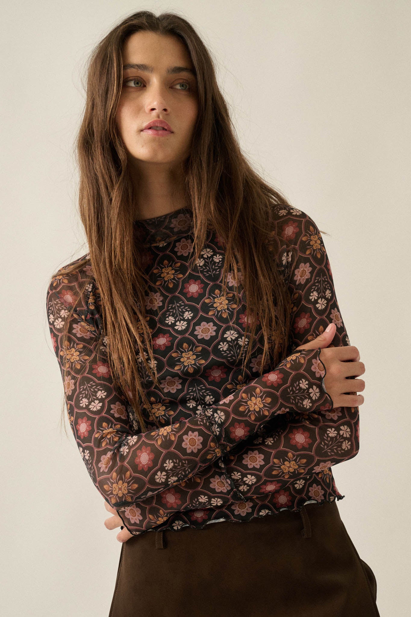 Jewel Box Floral Mesh Mock-Neck Thumbhole Top - ShopPromesa