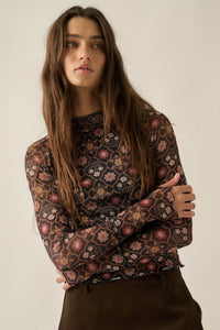 Jewel Box Floral Mesh Mock-Neck Thumbhole Top - ShopPromesa