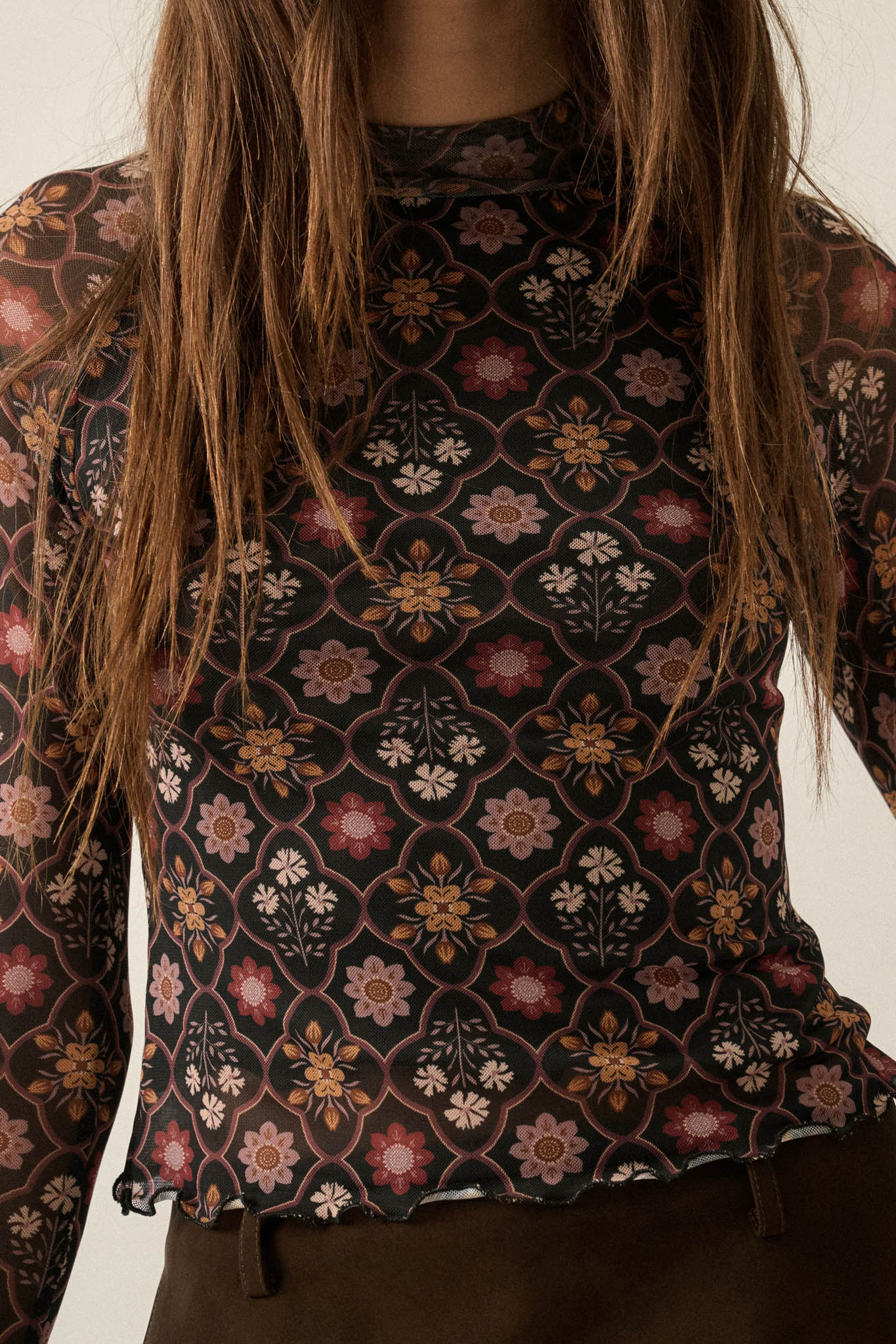 Jewel Box Floral Mesh Mock-Neck Thumbhole Top - ShopPromesa