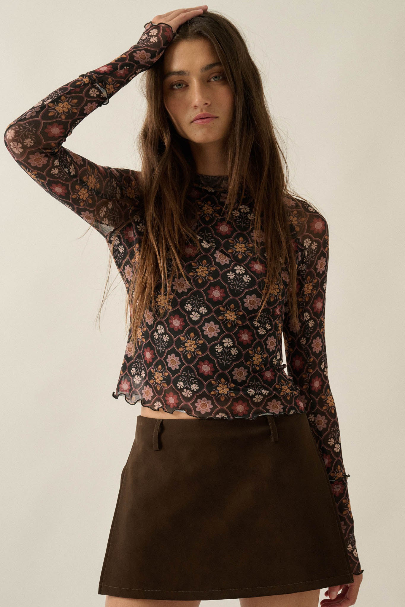 Jewel Box Floral Mesh Mock-Neck Thumbhole Top - ShopPromesa