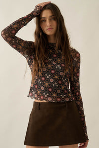 Jewel Box Floral Mesh Mock-Neck Thumbhole Top - ShopPromesa