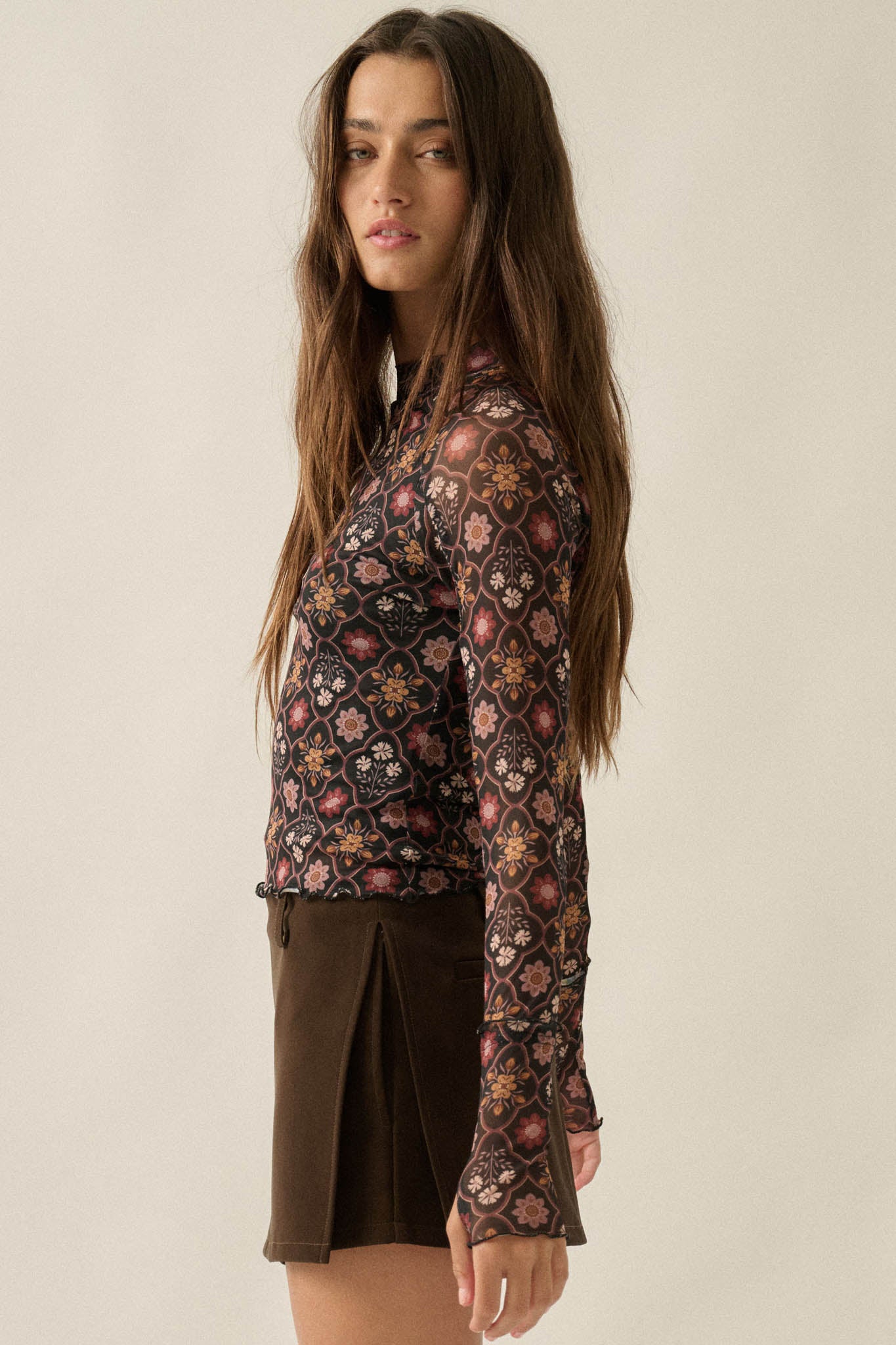 Jewel Box Floral Mesh Mock-Neck Thumbhole Top - ShopPromesa