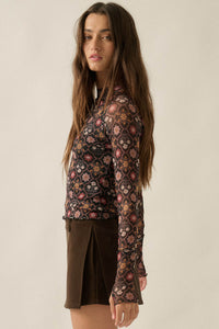 Jewel Box Floral Mesh Mock-Neck Thumbhole Top - ShopPromesa