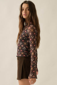 Jewel Box Floral Mesh Mock-Neck Thumbhole Top - ShopPromesa